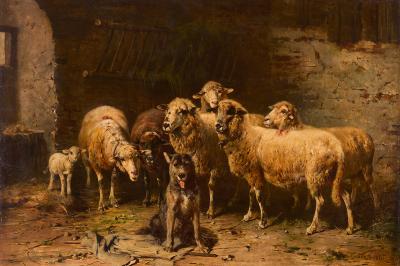 Schafe Mit Hunde Im Stall Um 1875
